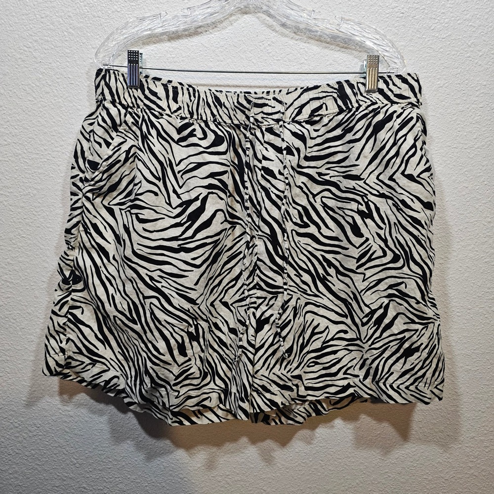 Cynthia Rowley Women Zebra Print 100% Linen Drawstring Shorts Black White 1X